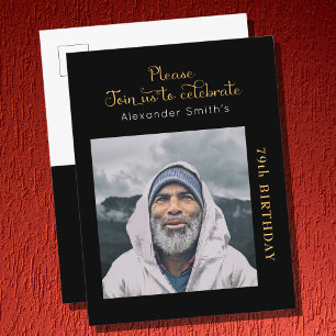 Postal De Invitación Fotos Cumpleaños de Black Gold Script