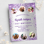 Postal De Invitación Fotos de amigos de gafas moradas de plata de cumpl<br><div class="desc">Invitación a la fiesta de cumpleaños 21 (o a cualquier edad) de niñas y mujeres. Delante: Un fondo de moda y de aspecto falso plateado. Decorada con purpurina falso morado oscuro, chispas. Personalice y agregue un nombre, detalles del fiesta y 6 fotos. El nombre está escrito con un guión de...</div>