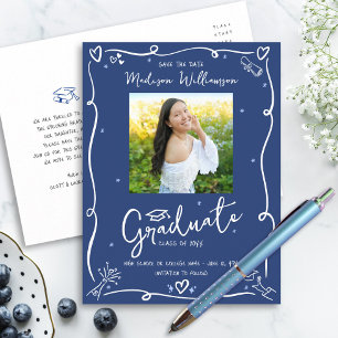 Postal De Invitación Fotos de graduación Blue White Doodles para guarda