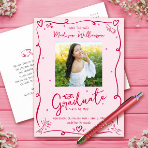 Postal De Invitación Fotos de graduación con garabatos rojos y rosados 
