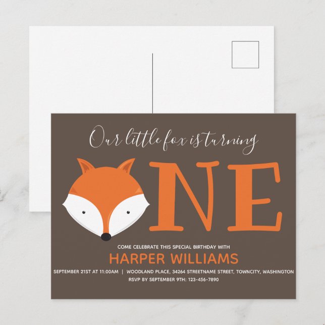 Postal De Invitación Fox se vuelve el primer cumpleaños de un animal (Anverso / Reverso)