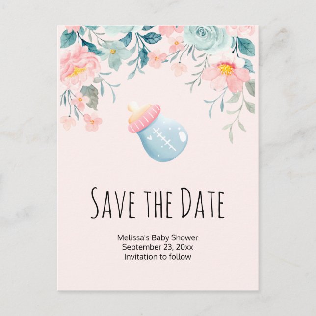 Postal De Invitación Frasco azul y rosa de bebé Baby Shower Salven la f (Anverso)