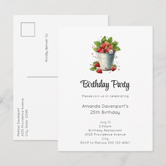 Postal De Invitación Fresas en cumpleaños de cubo (Anverso / Reverso)