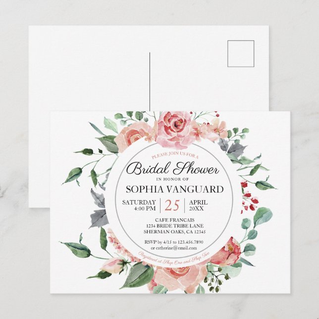 Postal De Invitación Fresco florecimiento rosa Elegante Ducha Bridal (Anverso / Reverso)