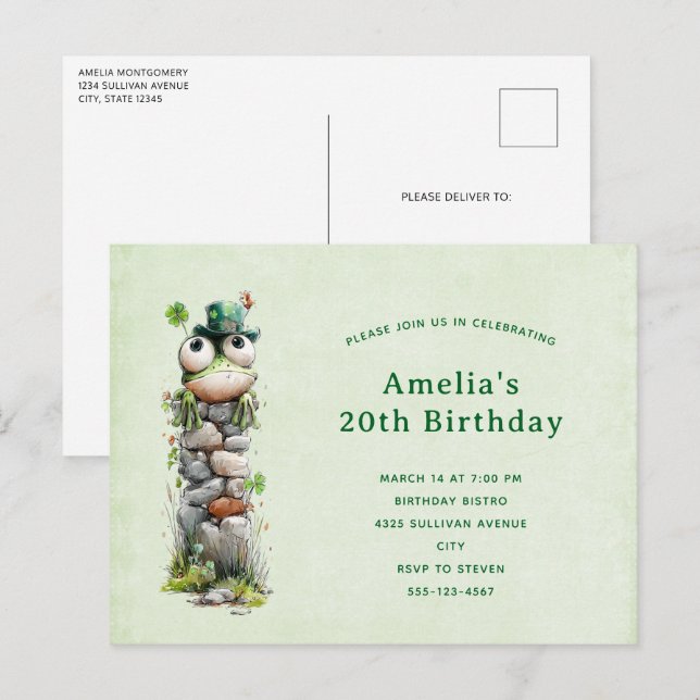 Postal De Invitación Frog with Green Hat and Shamrock Cute Birthday (Anverso / Reverso)