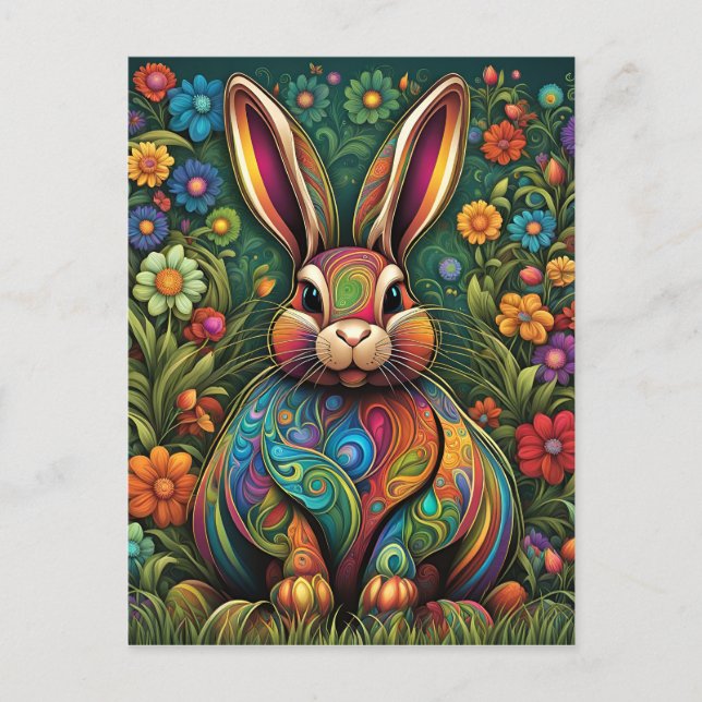 Postal De Invitación Frohe Ostern - Osterhase in Blumen 2 (Anverso)