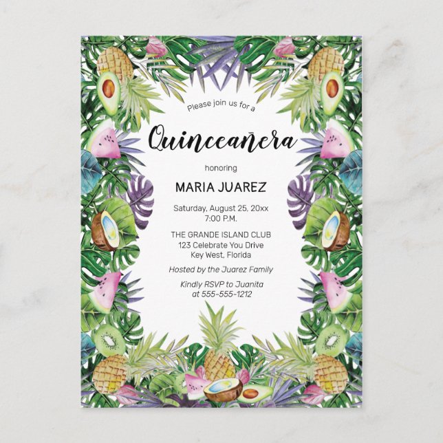 Postal De Invitación Fruta tropical | Verdor Sunset Quinceañera (Anverso)