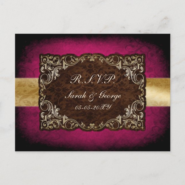 Postal De Invitación Fuchsia Ornamental Rústica Y Boda Del Oro (Anverso)