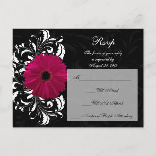 Postal De Invitación Fuchsia Scroll Gerbera Daisy con negro y blanco