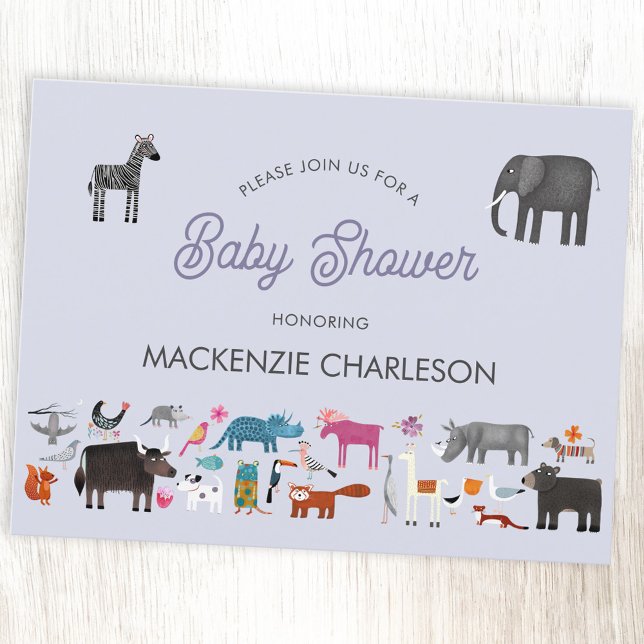 Postal De Invitación Fun Animal Baby Shower (Animal personalized baby shower invitation, with safari, jungle, wild, zoo & pet animals and birds)