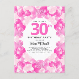 Postal De Invitación Fun Pink Balloons Faux Purpurina 30 cumpleaños Fie
