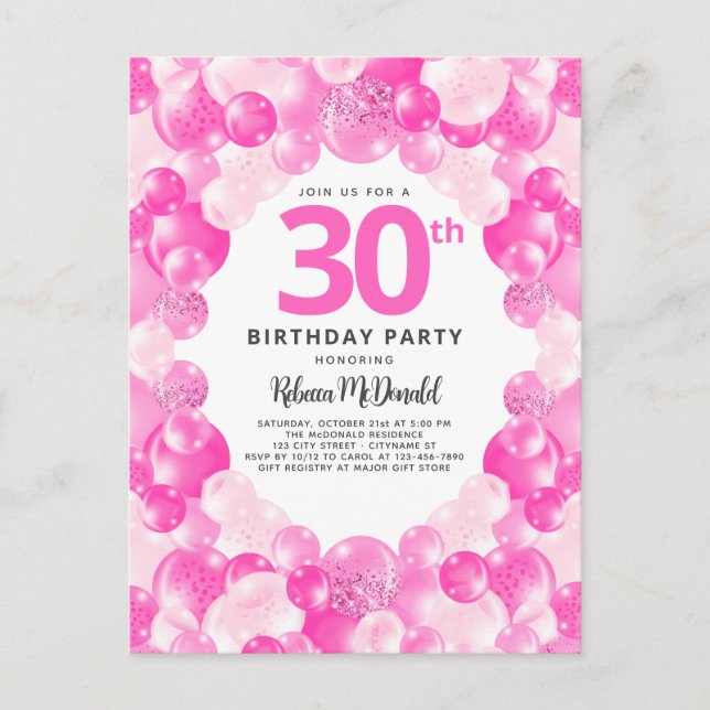 Postal De Invitación Fun Pink Balloons Faux Purpurina 30 cumpleaños Fie (Anverso)