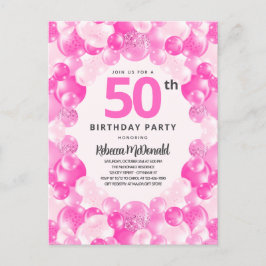 Postal De Invitación Fun Pink Balloons Faux Purpurina 50 cumpleaños