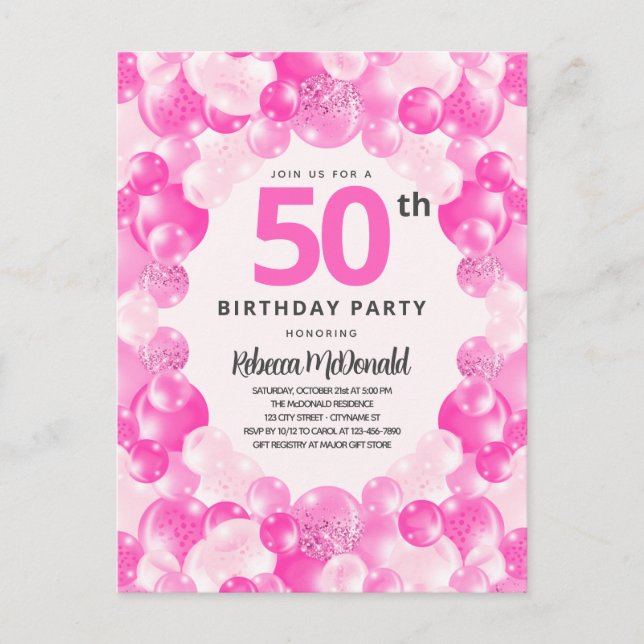 Postal De Invitación Fun Pink Balloons Faux Purpurina 50 cumpleaños (Anverso)
