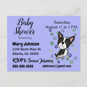 Postal De Invitación Funny Boston Terrier y Paw imprimen Baby Shower