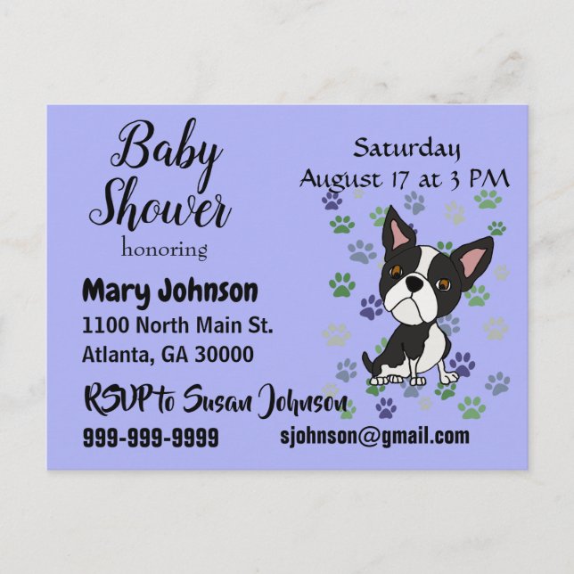 Postal De Invitación Funny Boston Terrier y Paw imprimen Baby Shower (Anverso)