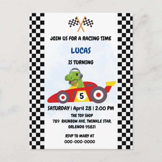 Postal De Invitación Funny Dinosaur racing car boy game Fiesta de cumpl (Anverso)