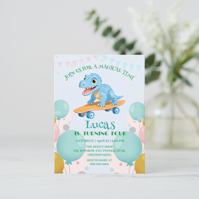 Postal De Invitación Funny dinosaur Skateboard Niños de fiesta de cumpl (Anverso de pie)