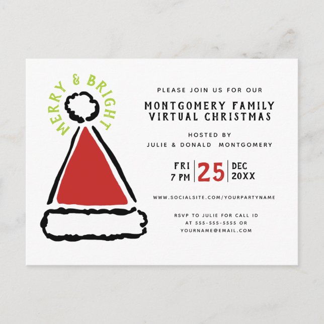 Postal De Invitación Funny Fiesta de Navidades virtuales Red Santa Hat (Anverso)