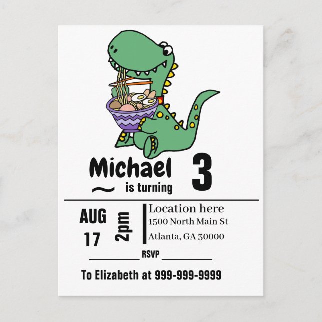 Postal De Invitación Funny T-rex Dinosaur eating Ramen Noodles (Anverso)