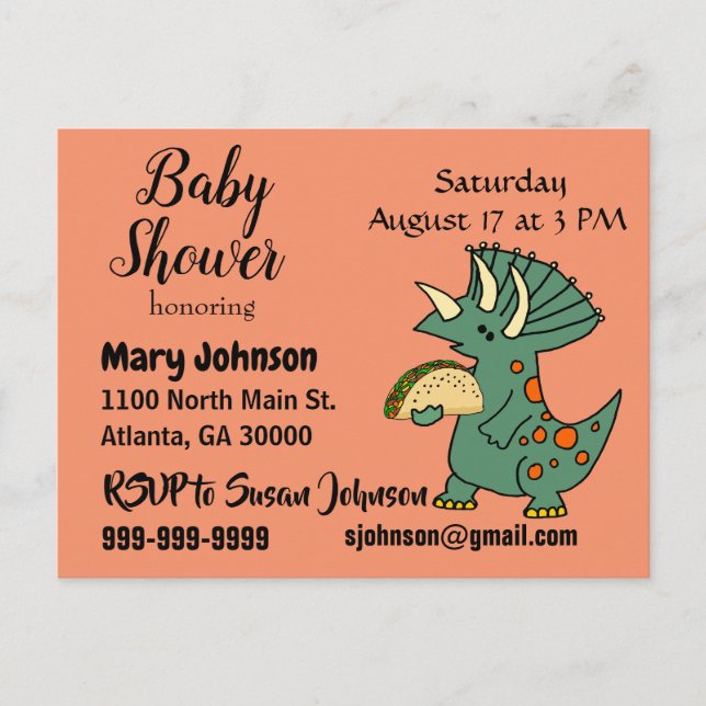 Postal De Invitación Funny Triceratops comiendo Taco Baby Shower (Anverso)