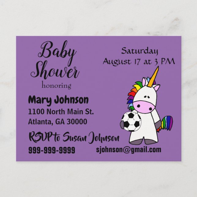 Postal De Invitación Funny Unicorn Jugando Fútbol Baby Shower (Anverso)