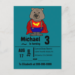 Postal De Invitación Funny Wombat Superhero Birday Party