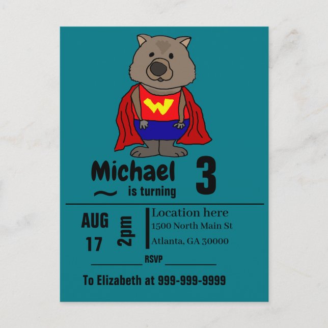 Postal De Invitación Funny Wombat Superhero Birday Party (Anverso)