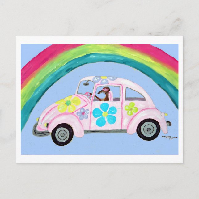 Postal De Invitación Galgo en Coche Hippie con Arcoíris (Anverso)