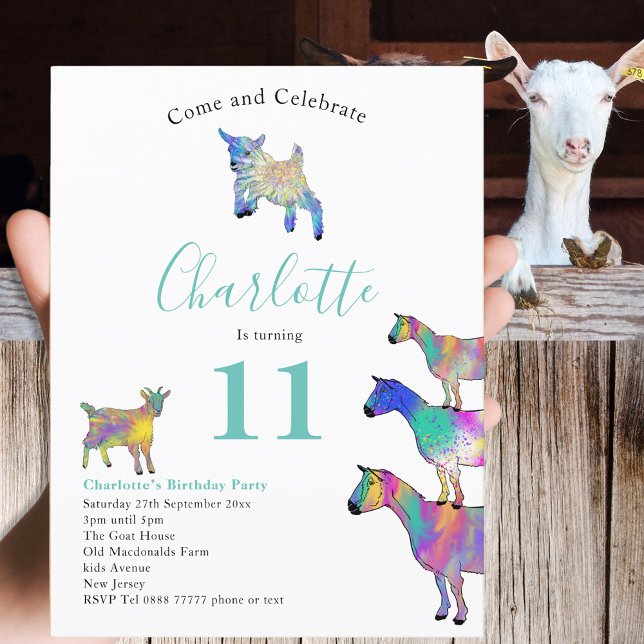 Postal De Invitación Ganadería de cabras Acuarela Nacimiento Presupuest (Cute goats colorful farm animal watercolor art 11th birthday party budget invitation postcard)