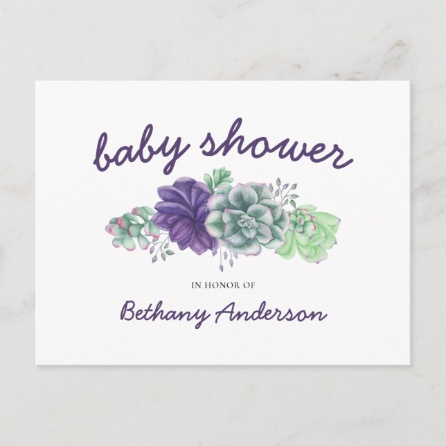Postal De Invitación Garland acuarela de Baby Shower de suculentos (Anverso)