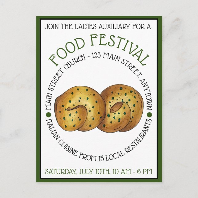 Postal De Invitación Garlic Knots Rollo de Pan Festival Italiano de Com (Anverso)