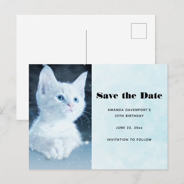 Postal De Invitación Gatito blanco lindo con ojos azules de Bonito (Anverso / Reverso)