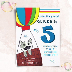 Postal De Invitación Gato Adorable en Globo Aerostático Cumpleaños Niño