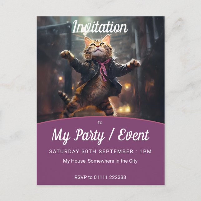 Postal De Invitación Gato Alegre Bailando En Lluvia (Anverso)