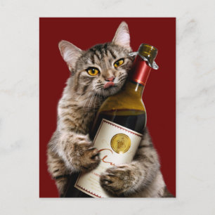 Postal De Invitación Gato Con Botella De Vino