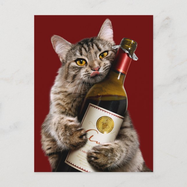 Postal De Invitación Gato Con Botella De Vino (Anverso)