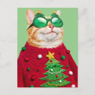 Postal De Invitación Gato con suéter feo de Navidad