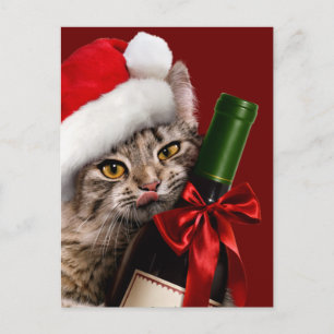 Postal De Invitación Gato de Navidad con Botella de Vino