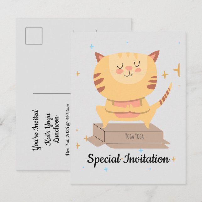 Postal De Invitación Gato De Yoga Cuto Personalizado Para Gato Y Amante (Anverso / Reverso)