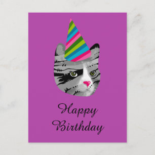 Postal De Invitación Gato del feliz cumpleaños en gorra del fiesta