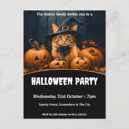 Postal De Invitación Gato jengibre con calabazas fiesta de Halloween