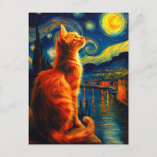 Postal De Invitación Gato Jengibre Contemplativo Cielo Nocturno Estre