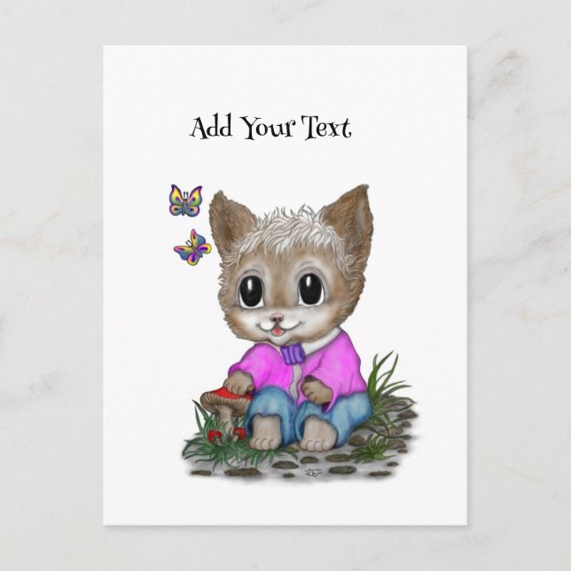 Postal De Invitación Gato Kitty y mariposa (Anverso)