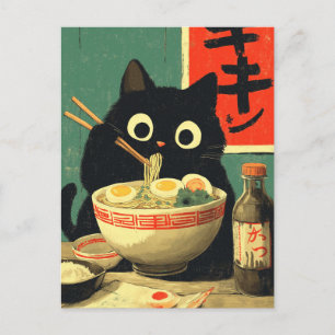 Postal De Invitación Gato negro divertido comiendo Ramen