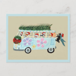 Postal De Invitación Gatos locos en su hippie van de Navidad