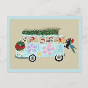 Postal De Invitación Gatos locos en su hippie van de Navidad