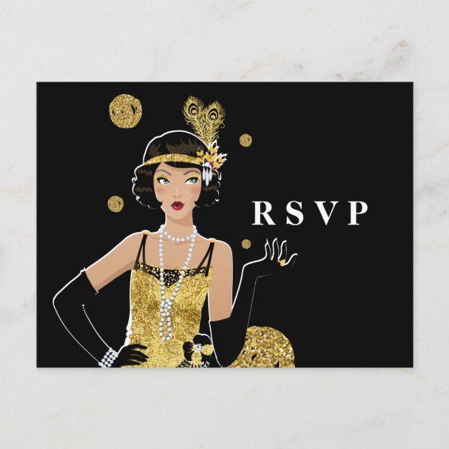 Postal De Invitación Gatsby RSVP, chica de flapper de 1920 (Anverso)