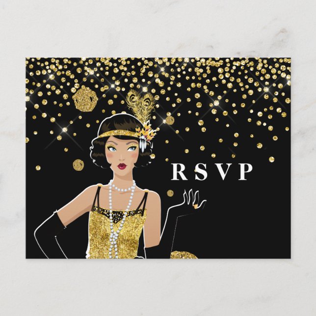 Postal De Invitación Gatsby RSVP, chica de flapper de 1920 (Anverso)