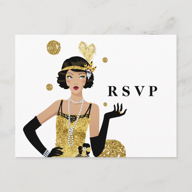 Postal De Invitación Gatsby RSVP, chica de flapper de 1920 (Anverso)